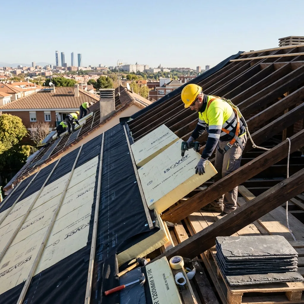 Panel aislante colocado bajo la pizarra durante la renovación de una cubierta en Madrid