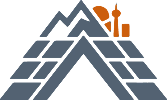 Logotipo de Tejados de Pizarra Madrid: cubierta de pizarra, sierra y skyline de Madrid